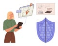 Woman Using Tablet with Navigation Map, Data Charts, and Digital Security Shield Concept Royalty Free Stock Photo