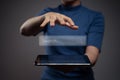 Woman using tablet for searching with browser icon hologram effect Royalty Free Stock Photo