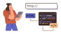 Woman Using Tablet to Learn Website Development with HTML and Code Interfaces Royalty Free Stock Photo