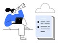 Woman with Telescope and Laptop Exploring Ideas, Document Cloud Symbol on Side Royalty Free Stock Photo