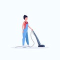 Woman using vacuum cleaner female janitor in uniform cleaning service floor care concept flat full length white Royalty Free Stock Photo