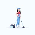 Woman using vacuum cleaner female janitor in uniform cleaning service floor care concept flat full length white Royalty Free Stock Photo