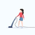 Woman using vacuum cleaner housewife cleaning service housework floor care concept flat full length white background Royalty Free Stock Photo