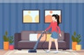 Woman using vacuum cleaner housewife doing housework floor care concept modern living room interior flat full length Royalty Free Stock Photo