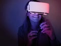 A woman is using virtual reality goggle Royalty Free Stock Photo
