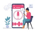 Woman using voice assistant on smartphone. Vector illustration