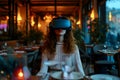 A woman using a VR headset interacts with the virtual world, located against the backdrop of a cafe or restaurant.