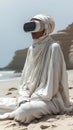 A woman using a VR headset interacts with the virtual world, located against the backdrop of a summer landscape on