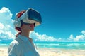 A woman using a VR headset interacts with the virtual world, located against the backdrop of a summer landscape on
