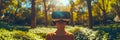 A woman using a VR headset interacts with the virtual world while walking in the park.