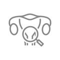 Woman uterus with magnifying glass line icon. Human organ research, disease prevention symbol