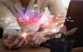 Woman utilizing mobile phone connect to worldwide network for data sharing, business development, metaverse. Digital marketing,