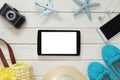 Woman vacation accessories, life style objects and tablet Royalty Free Stock Photo
