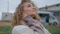 Woman vacationer relaxing nature looking at cloudy sky close up. Relaxed lady