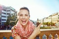 Woman on Vaclavske namesti in Prague pointing on something Royalty Free Stock Photo