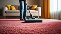 Woman with vacuum cleaner cleaning carpet in living room, closeup view Royalty Free Stock Photo