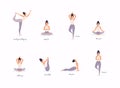 Woman in various poses of yoga. Shapes of woman doing yoga fitness workout. Set of yoga positions Royalty Free Stock Photo