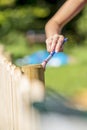 Woman varnishing a wooden fence outdoors in a home patio