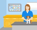 Woman veterinarian holding a dog in veterinary office