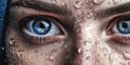 A woman with vibrant blue eyes gazes at you as rain delicately traces the contours of her finely sculpted face. Close Up