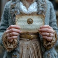 A woman in Victorian clothes shows a letter with an official stamp to the camera Royalty Free Stock Photo