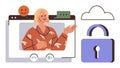 Woman in Video Chat with Security and Cloud Storage Elements Surrounding Digital Interaction Royalty Free Stock Photo