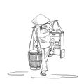 Woman in vietnamese hat carrying yoke on her shoulder, Asian street food vendor back view. Vector sketch