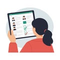 Woman viewing digital tablet with online profiles and checklists flat design vector illustration Royalty Free Stock Photo