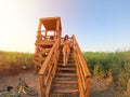 Woman at viewpoint. Girl descending stairs of viewpoints and a young cute girl looking at nature views at sunset