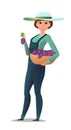 Woman villager farmer in overalls. Girl is an agricultural worker. Cheerful person. Standing pose. Cartoon comic style