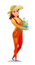 Woman villager farmer in overalls. Girl is an agricultural worker. Cheerful person. Standing pose. Cartoon comic style