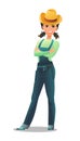 Woman villager farmer in overalls. Girl is an agricultural worker. Cheerful person. Standing pose. Cartoon comic style