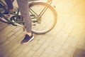 Woman on a vintage bicycle wating to ride in Barcelona, Spain Royalty Free Stock Photo