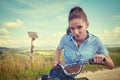 Woman with vintage bike outdoor, summer time Royalty Free Stock Photo