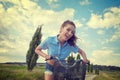 Woman with vintage bike outdoor, summer time Royalty Free Stock Photo