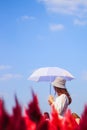 A woman in a vintage dress, wearing a hat and holding a white umbrella, walks alone in the morning in the beautiful red flower Royalty Free Stock Photo