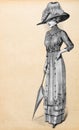 Woman vintage elegant dress hat. Antique fashion engraving