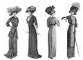 Woman In Vintage Elegant Dress And Hat. Fashion Engraving Paris