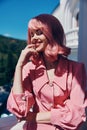 Woman Vintage Fashion Pink Hair Posing Summer Relaxation Concept