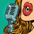 Woman. vintage retro microphone. Music standup concert radio podcast blog Royalty Free Stock Photo