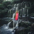 Woman with violin at waterfall in tropical forest. Music and art concept. Female wearing long red dress and holding violin in Royalty Free Stock Photo
