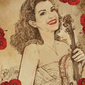 Woman violinist with flowers portrait of beautiful woman,s