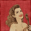 Woman violinist portrait with red ground of beautiful woman,s