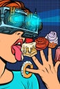 Woman in virtual reality glasses eating sweets