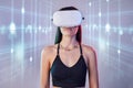 Woman, virtual reality glasses and hologram with metaverse, futuristic and web technology. Female, lady and games with