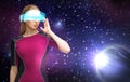 Woman in virtual reality glasses over space