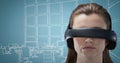 Woman in virtual reality headset against blue and white hand drawn office Royalty Free Stock Photo