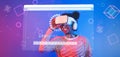 Woman in Virtual Reality Headset Engaging with Technology Amidst Software Update Progress on Screen with Colorful Royalty Free Stock Photo