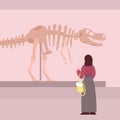 Woman visiting archeological museum exhibition flat cartoon vector illustration.