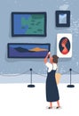 Woman visiting gallery flat vector illustration. Young art lover taking pictures of paintings cartoon characters